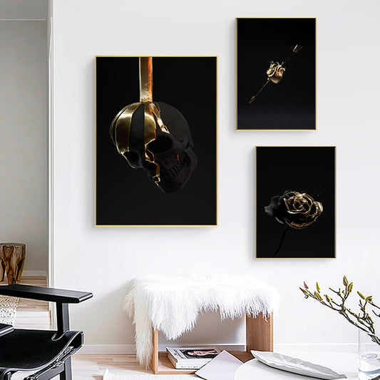 Abstract Black Gold Flower Skull Modern Canvas Wall Art Pictures