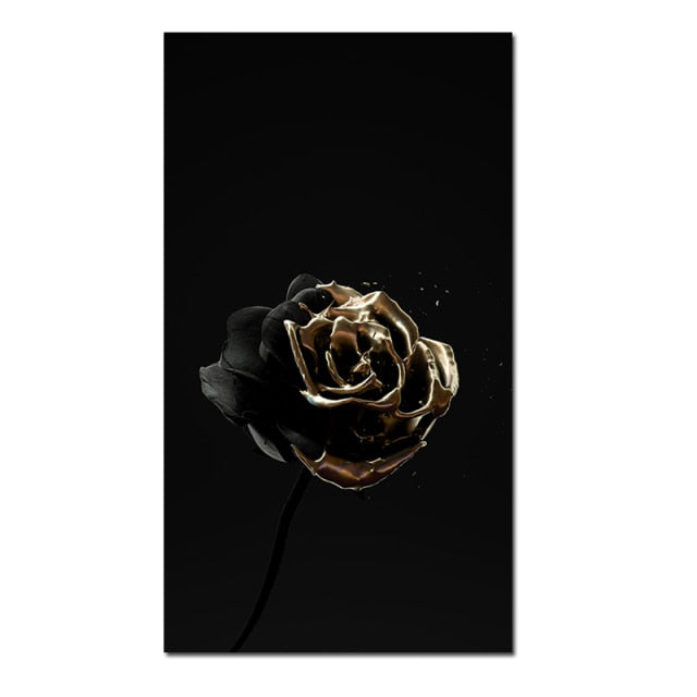 Abstract Black Gold Flower Skull Modern Canvas Wall Art Pictures