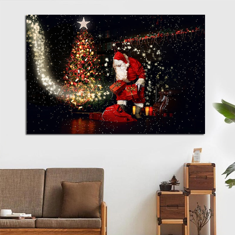 Santa Merry Christmas Tree & Gifts Backdrop Canvas Wall Art