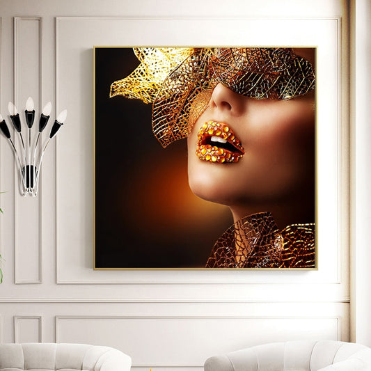 Gold Sexy Lips In Party Canvas Wall Picture