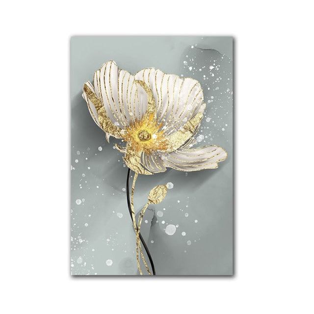 Nordic Style White Golden Flowers Painting on Canvas Wall Art
