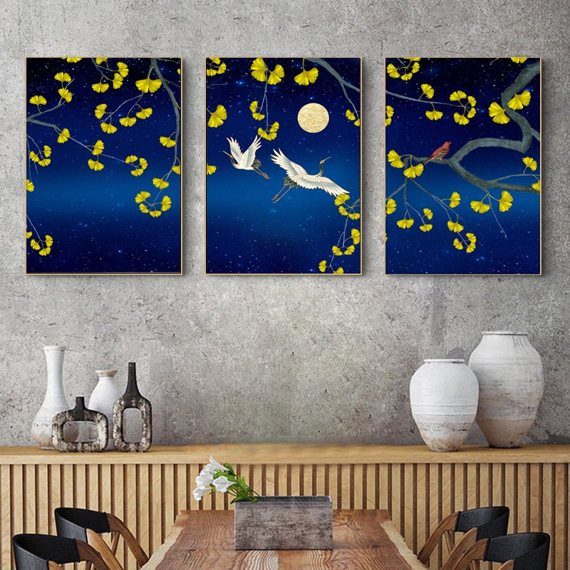 Yellow and Blue Canvas Art Modern Golden Birds Painting