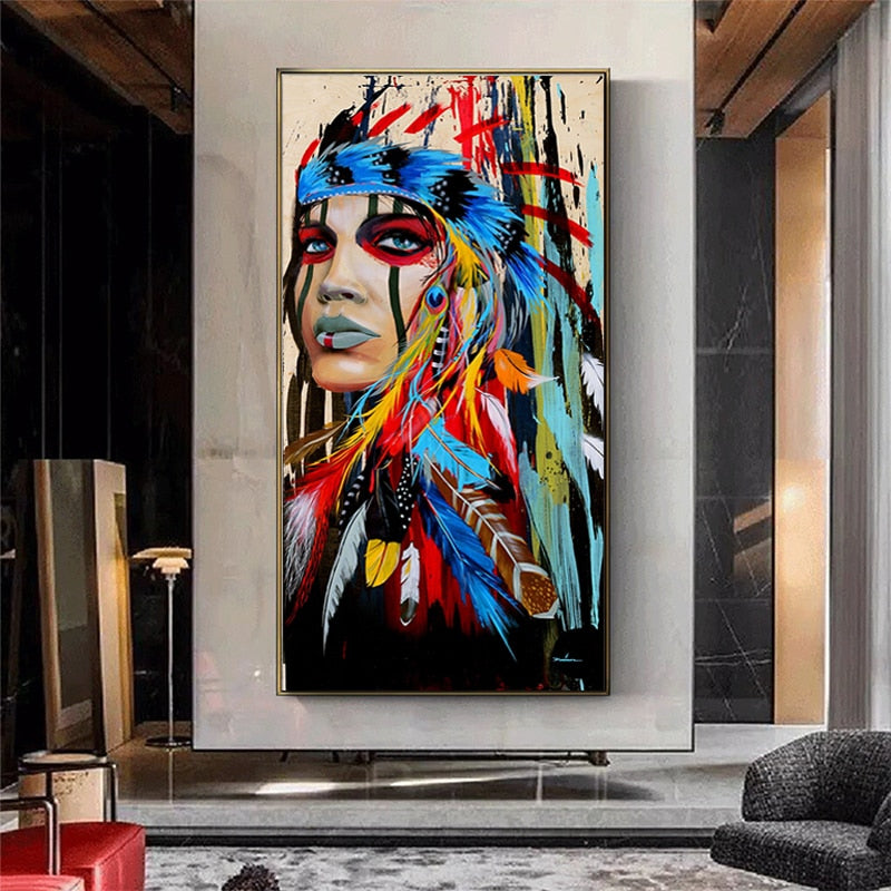 Tribe Girl in Feathers Canvas Wall Art