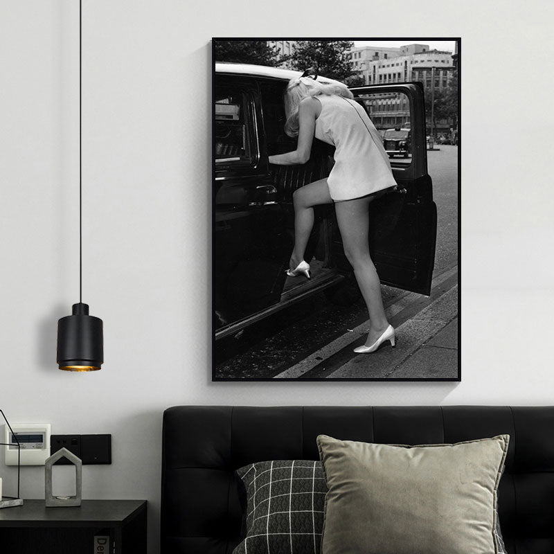 Black and White Girl Stepping in Car Canvas Print