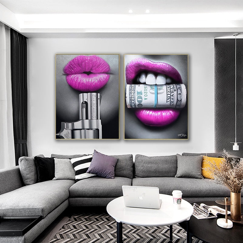 Purple Lip with Money Poster Wall Art