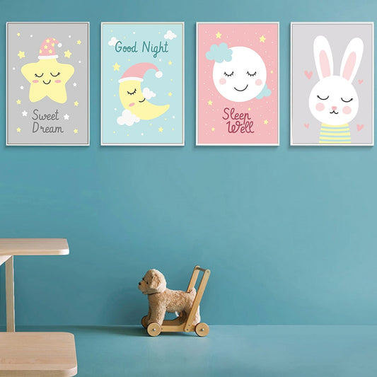 Nordic Cartoon Good Night Starts Canvas Wall Art