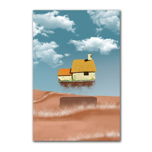 Giraffe Magic Flying House Canvas Poster