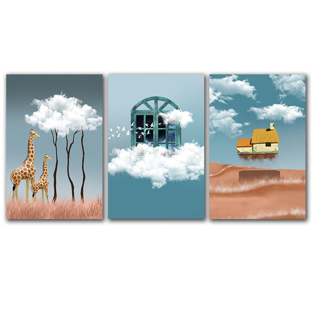 Giraffe Magic Flying House Canvas Poster