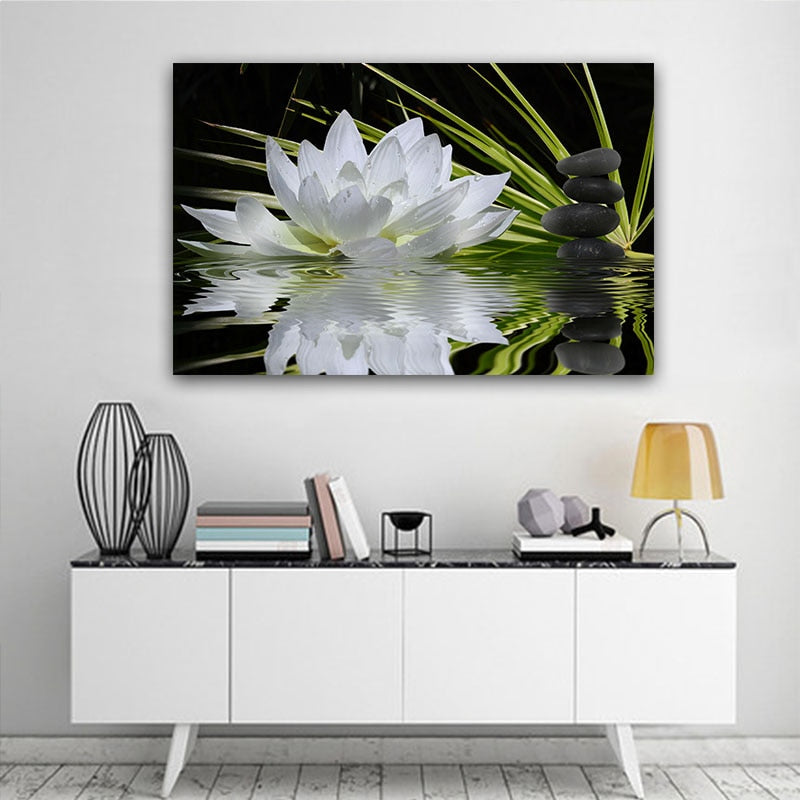 Lotus Flower Zen Picture Modern Art Black Stone Canvas Printing